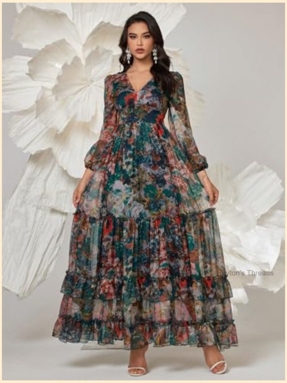 Boho V Neck Long Sleeve Ruffle Floral Print Maxi Dress Swing Tiered Hem - Picture 6 of 6